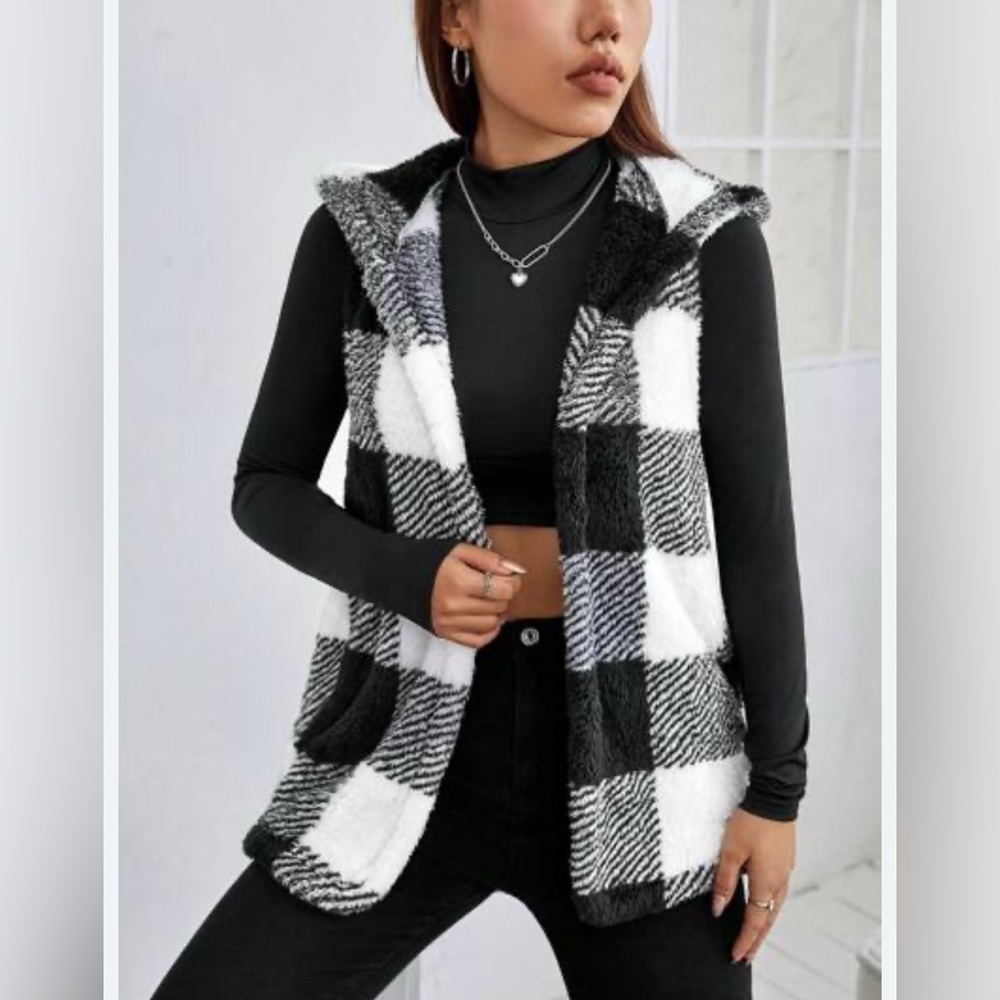 Buffalo plaid Black and White  Hooded Vest